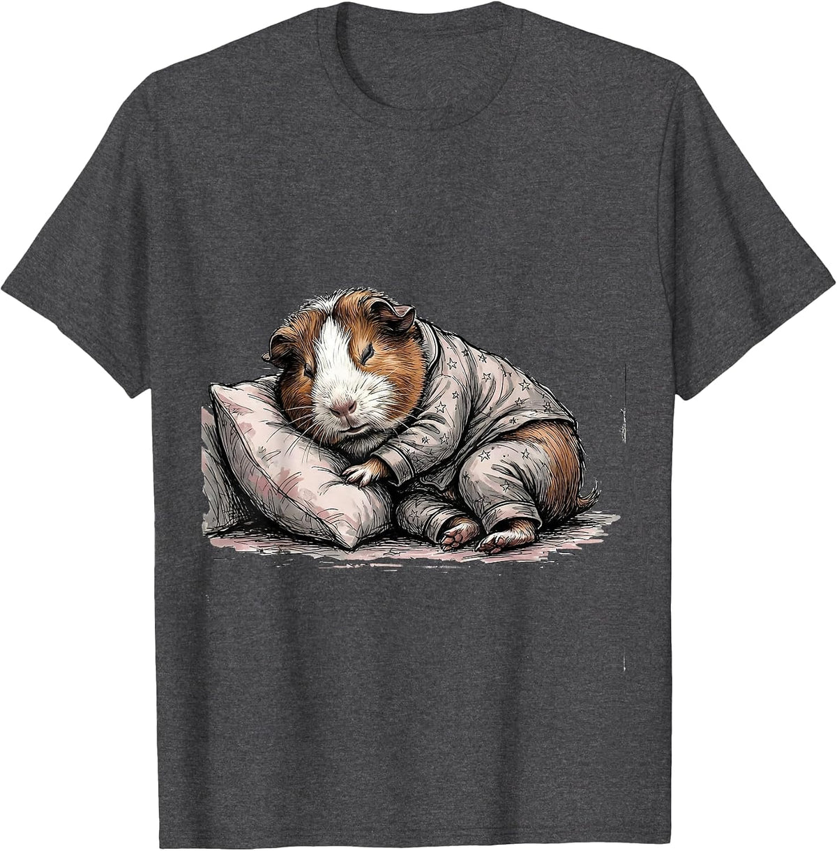 Sleepy Guinea Pig Hand-Sketched Pet Lover Pajama Portrait T-Shirt - Dark Heather Grey