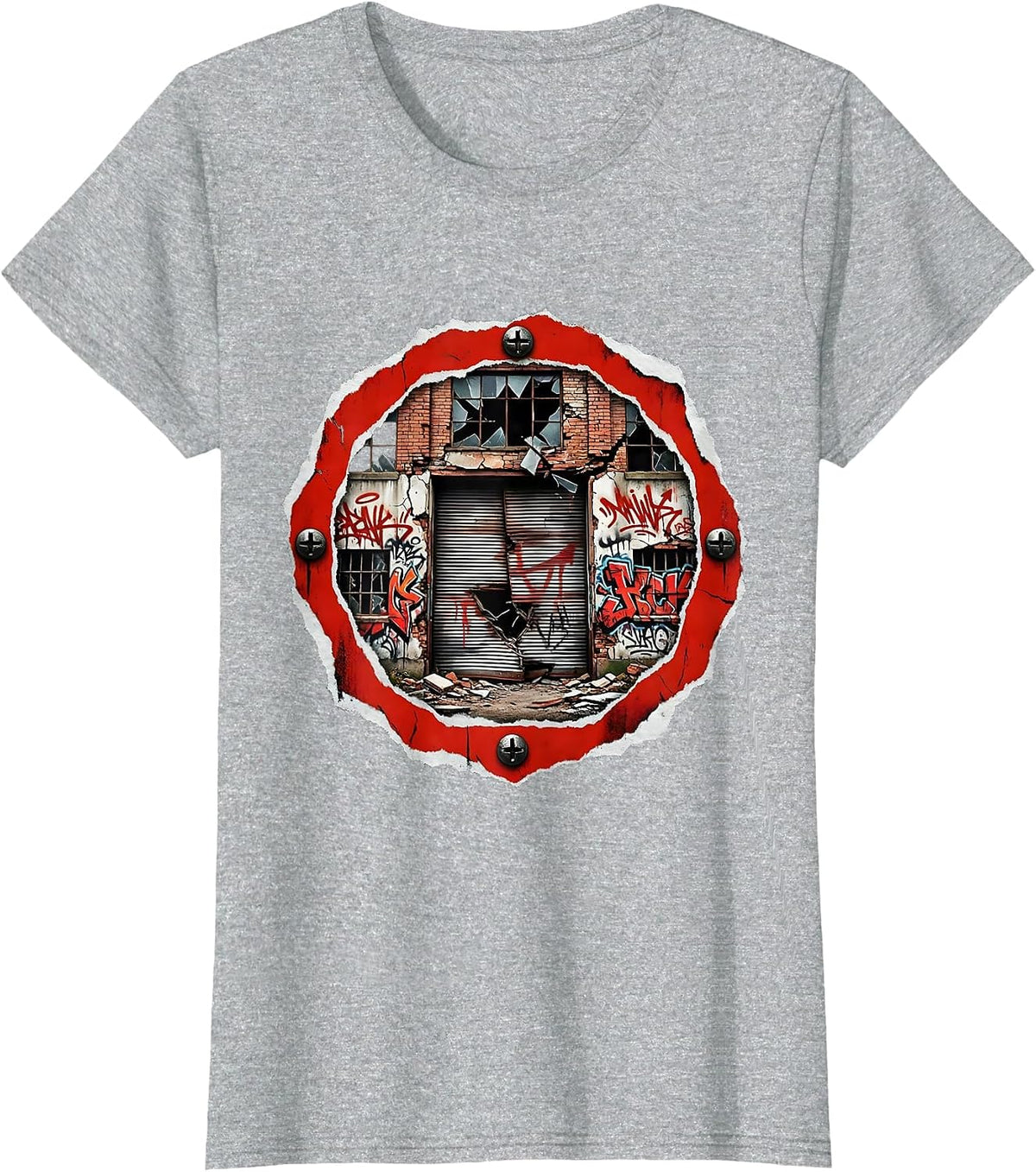 Women's Grunge Graffiti Abandoned Warehouse Night Art T-Shirt - Heather Grey