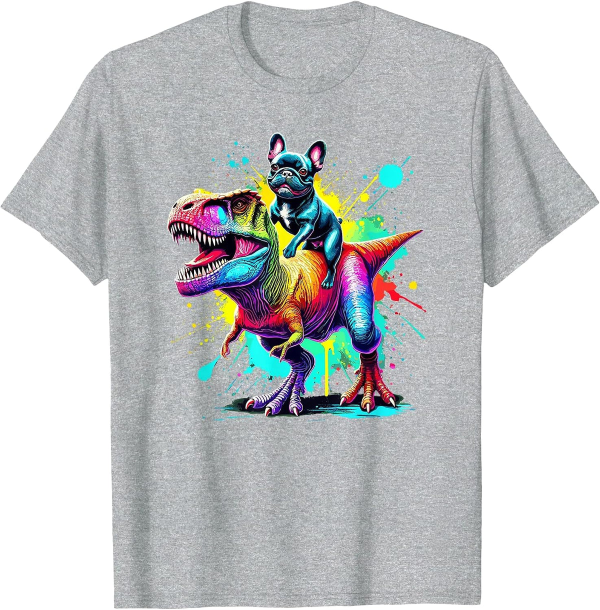 Splash Art Dinosaur T-Rex French Bulldog Frenchie T-Shirt - Heather Grey