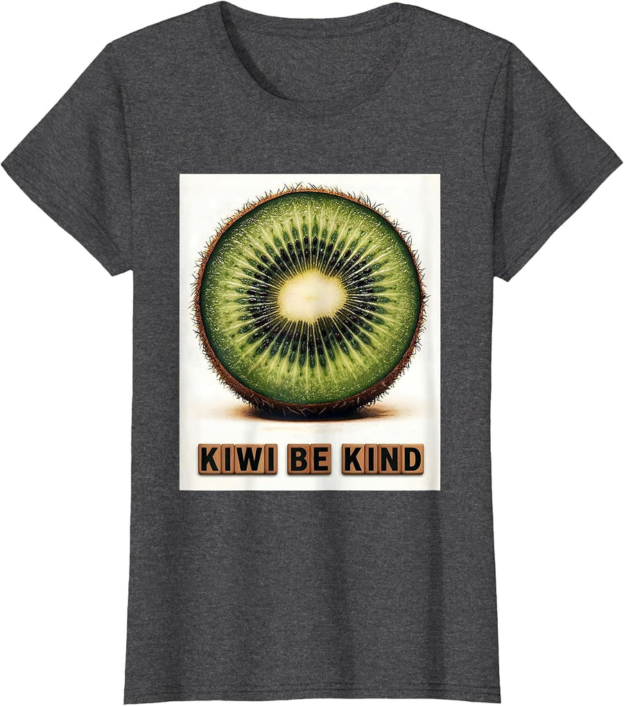 Women's Kiwi Be Kind Cute Fruit Lover Rubber Stamp Novelty T-Shirt - Dark Heather Grey