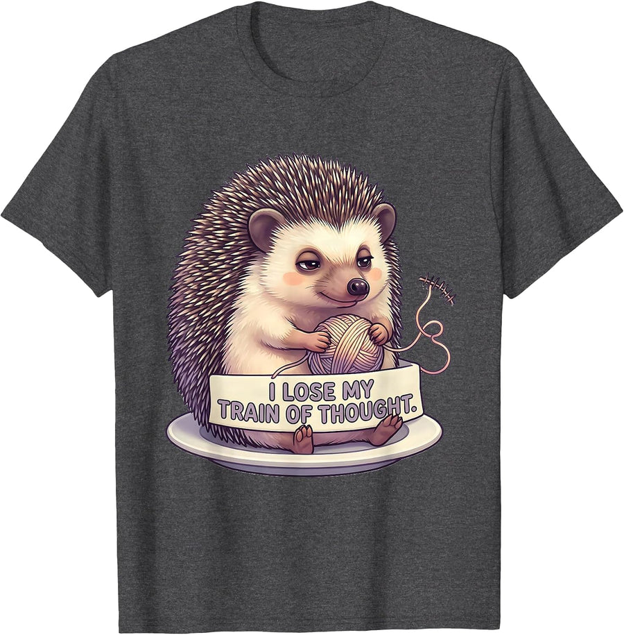 Men's I Lose My Train Of Thought Cute Kawaii Hedgehog T-Shirt - Dark Heather Grey