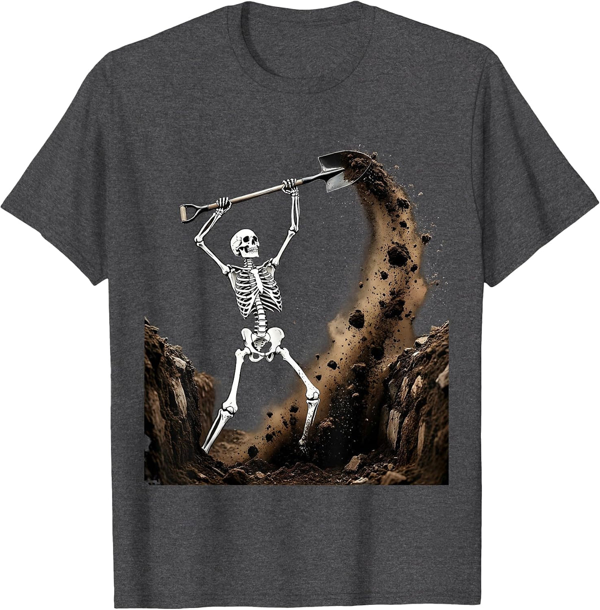 Skeleton Grave Digger Underground Halloween Graphic T-Shirt - Dark Heather Grey