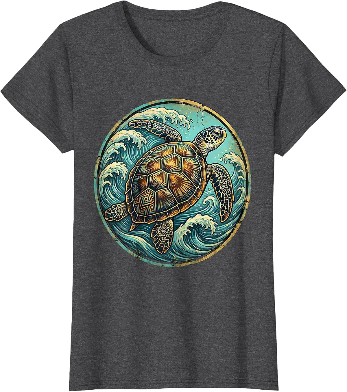 Women's Mexico Sea Turtle Ocean Waves Illustration T-Shirt - Dark Heather Grey