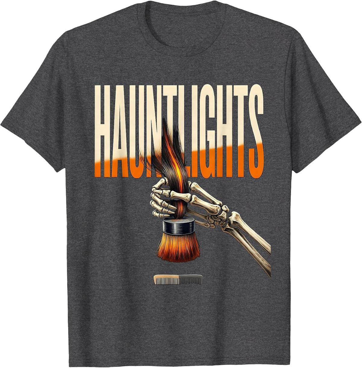 Men's Hauntlights Funny Skeleton Hairstylist Barber Halloween T-Shirt - Dark Heather Grey