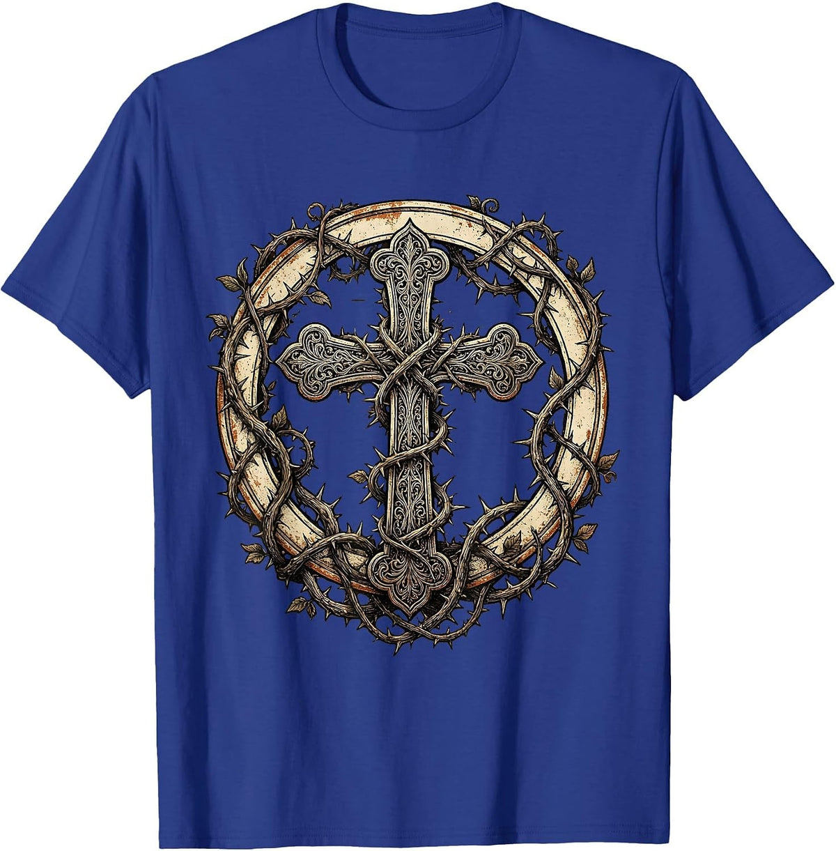 Men's Ornate Cross Wrapped in Thorned Vines Design T-Shirt - Royal Blue