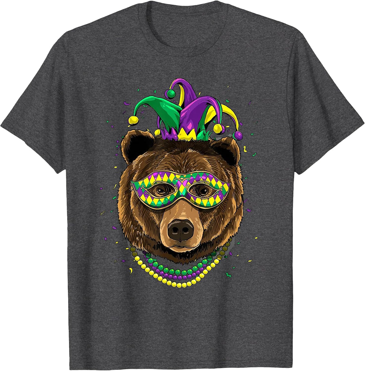 Bear Animal Lover Cute Mardi Gras Carnival Jester T-Shirt, Men, Dark Heather Grey, 5X-Large - As Pictured