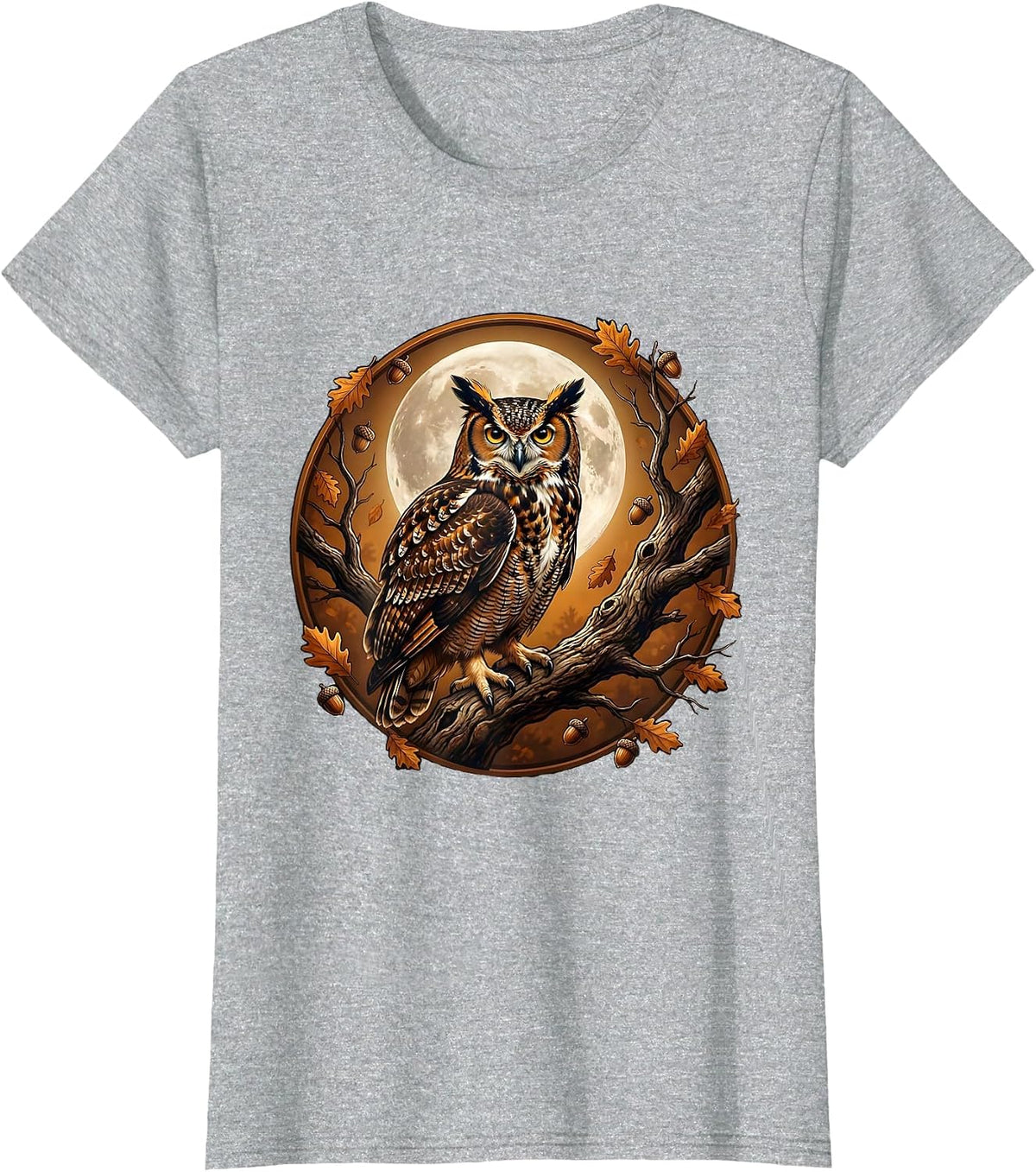 Women's Owl on Branch Full Moon Fall Night Illustration T-Shirt - Heather Grey