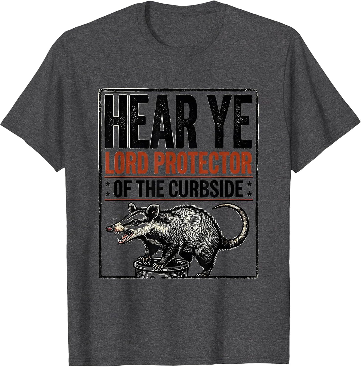 Men's Hear Ye, Lord Protector Of The Curbside Funny Opossum T-Shirt - Dark Heather Grey