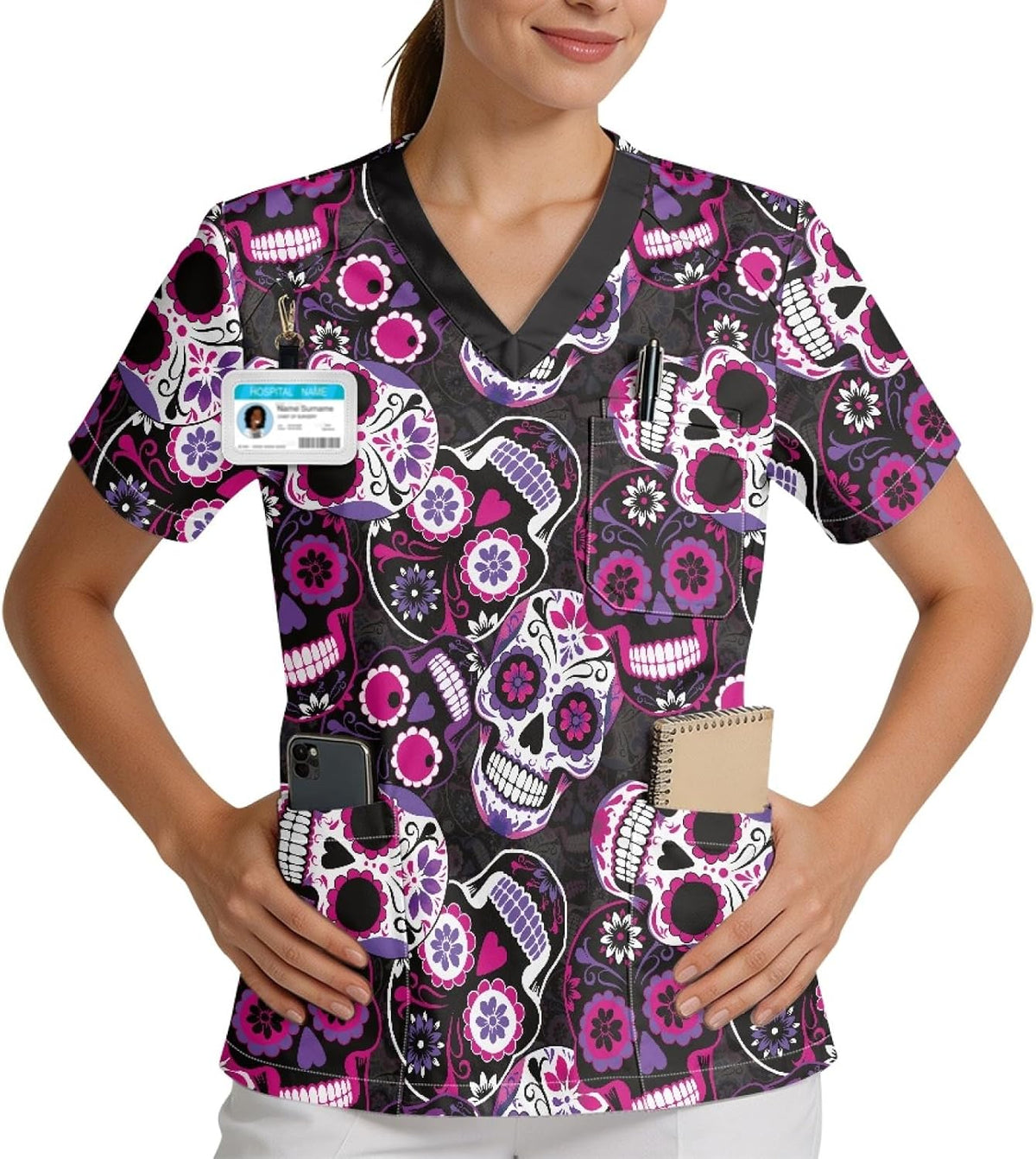 Printed Scrub Top for Women, V Neck Plus Size Work Uniform - Black - Halloween Purple Sugar Skull Print