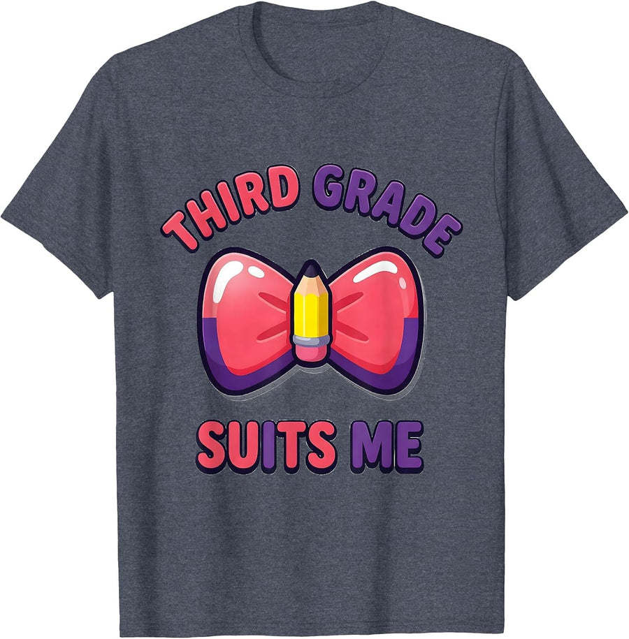 Third Grade Suits Me Cute Coquette Bow Back to School T-Shirt - Heather Blue