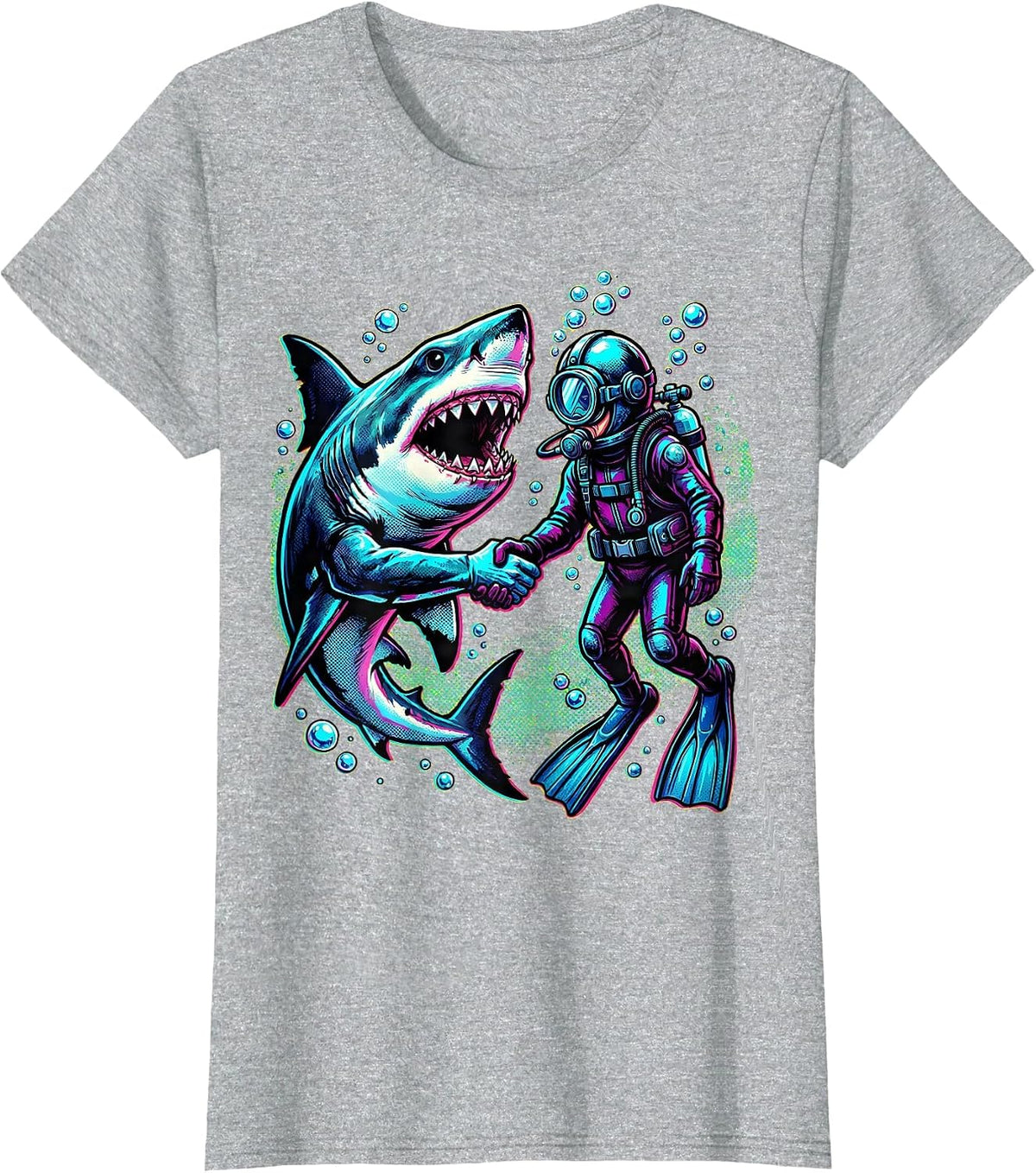 Women's Shark and Diver Holding Hands Underwater Art T-Shirt - Heather Grey