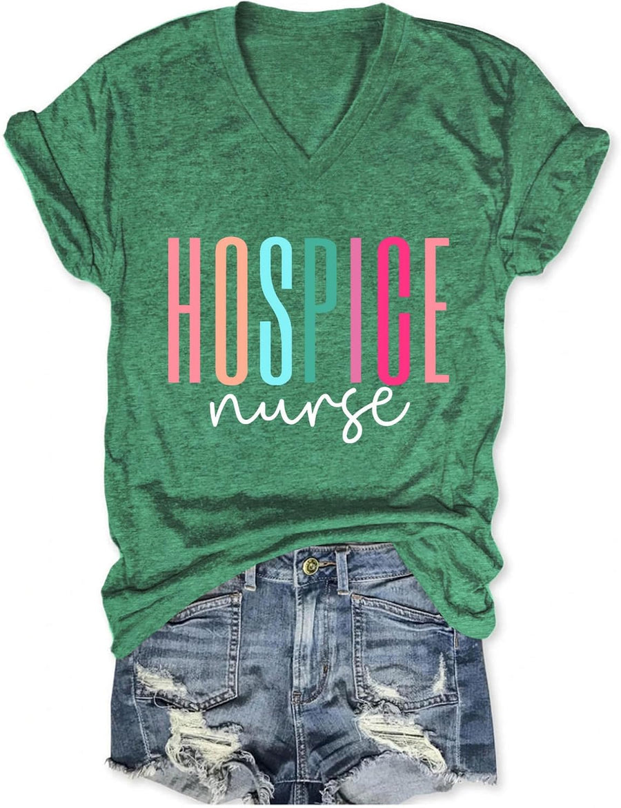 Hospice Nurse Shirt Women Summer V Neck Letter Print T-Shirt Registered Nurse RN Emergency Nurse Short Sleeve - Dark Green