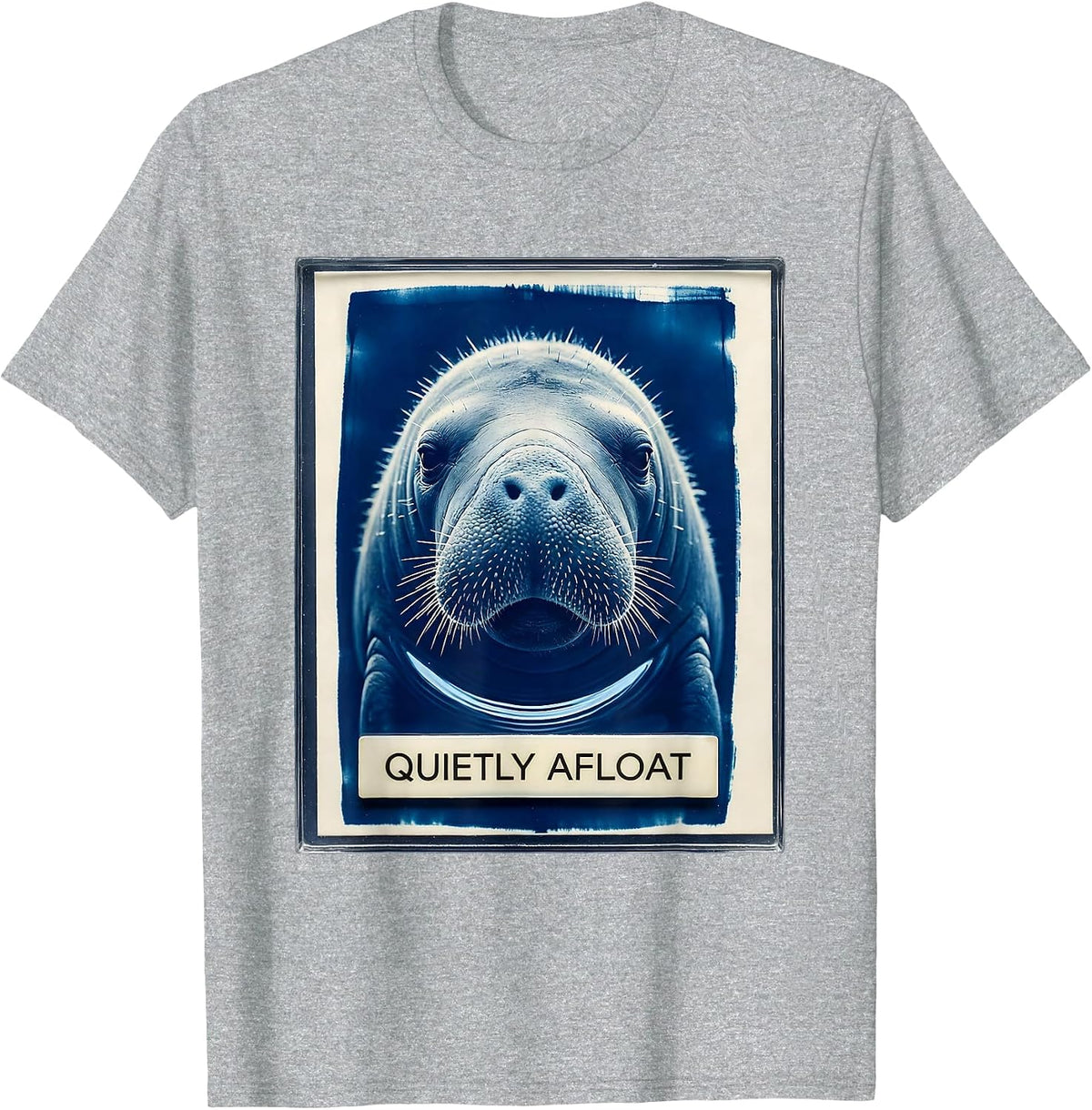 Men's Quietly Afloat Cyanotype Manatee Lover Sea Cow Humor T-Shirt - Heather Grey