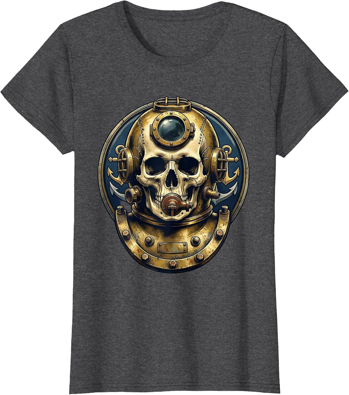 Women's Skull Diving Helmet Fusion Dark Art Design T-Shirt - Dark Heather Grey