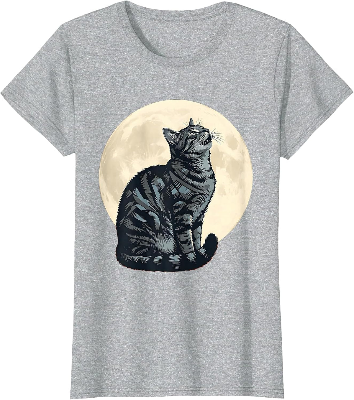 Gray Tabby Howling at Moon 90s Retro Novelty T-Shirt - Heather Grey