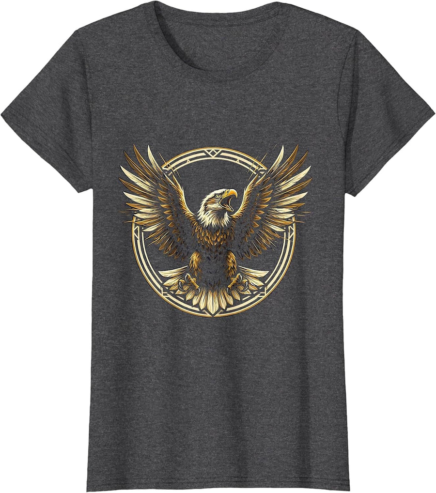 Women's Eagle Mid-Screech Wings Fully Spread Illustration T-Shirt - Dark Heather Grey