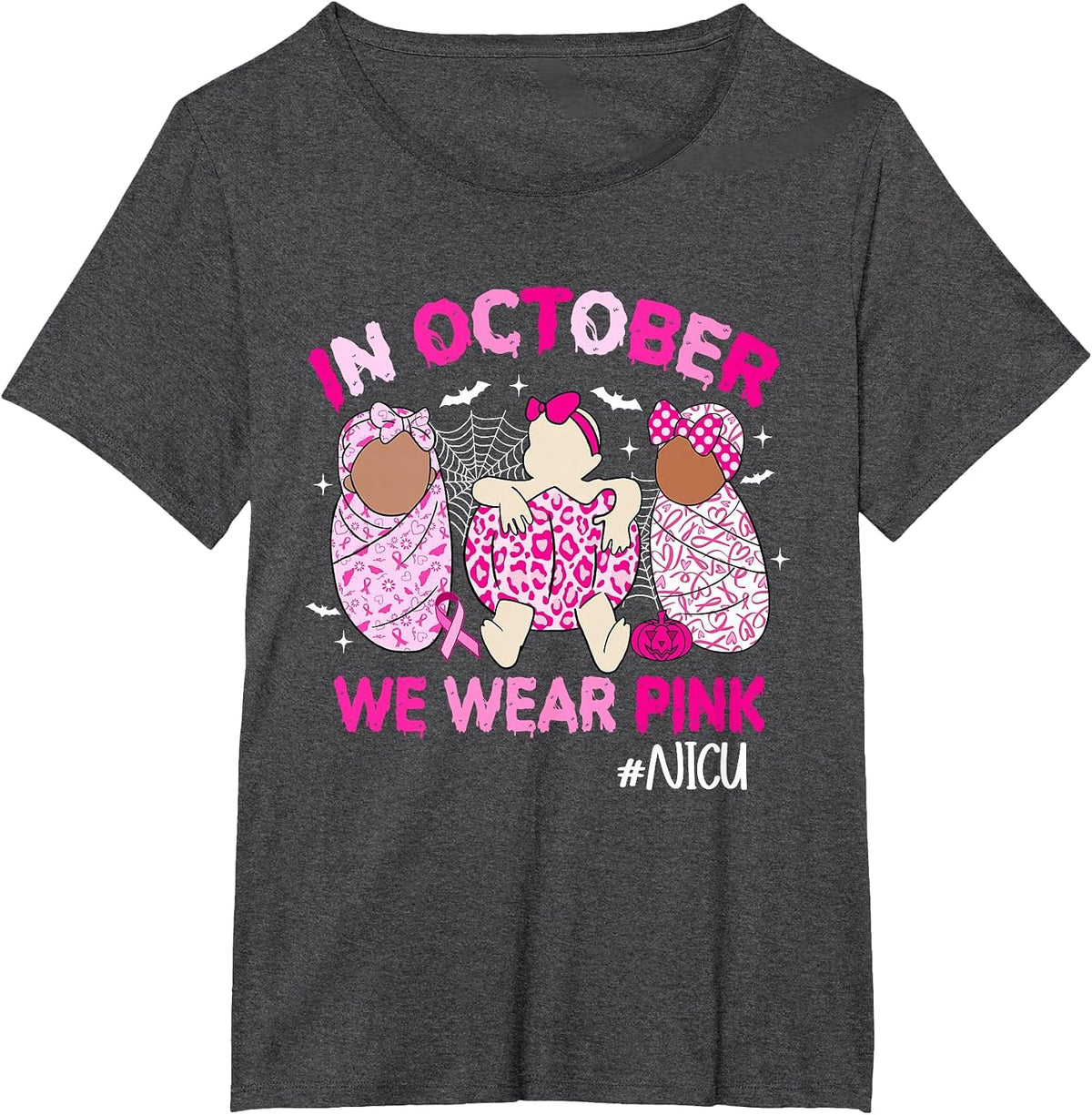 in October We Wear Pink NICU Nurse Breast Cancer Awareness T-Shirt - Dark Heather Grey