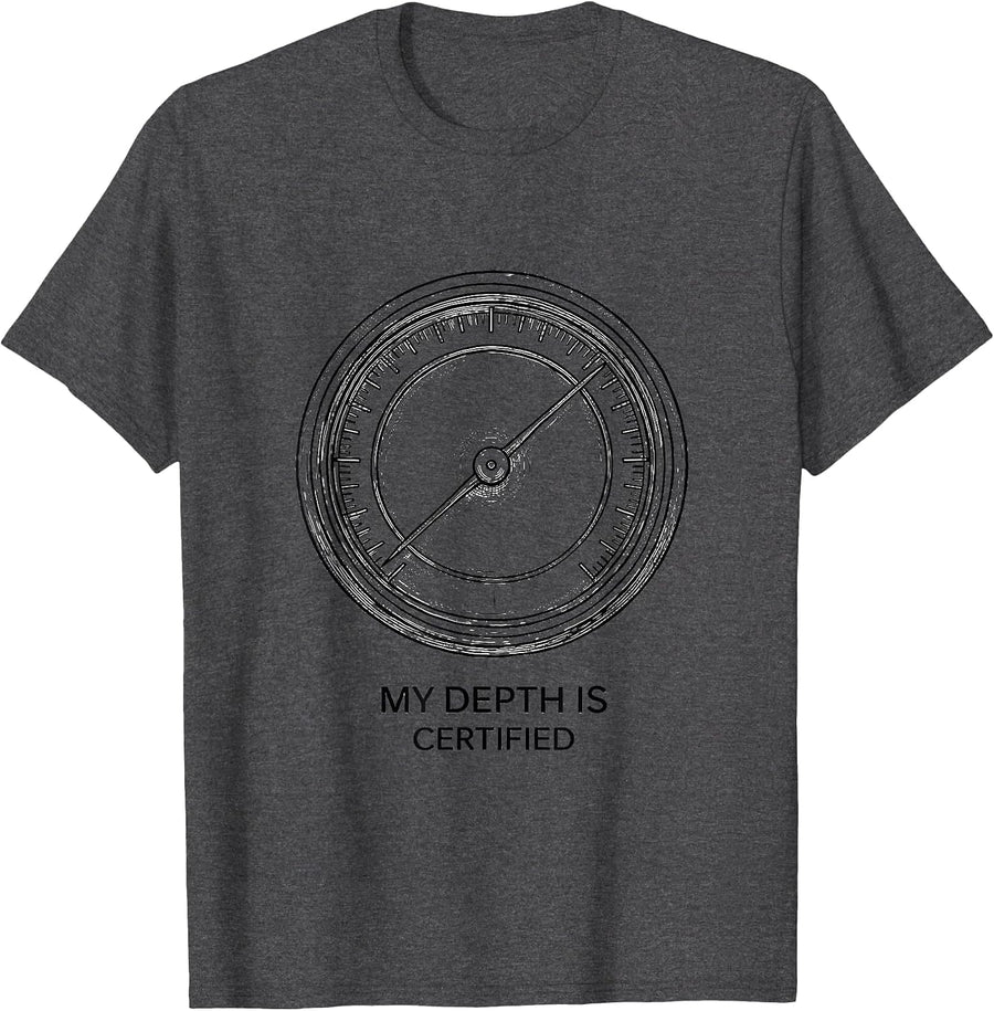 Men's My Depth Is Certified Funny Scuba Diver Vintage Adventure T-Shirt - Dark Heather Grey