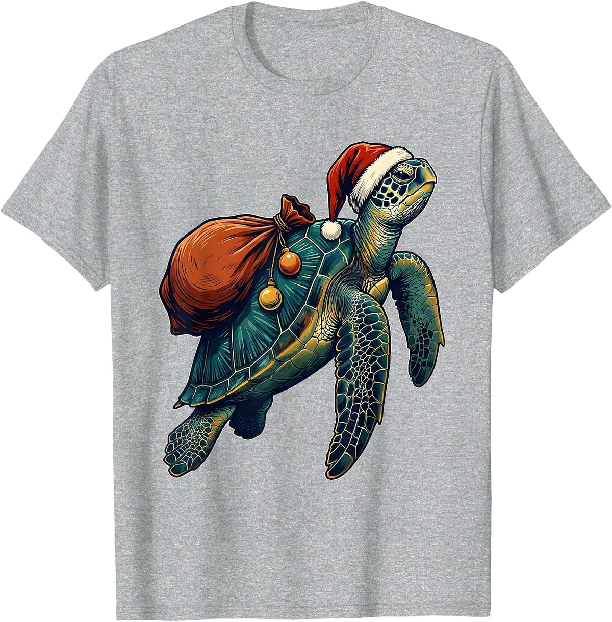 Men's Sea Turtle Santa Hat Whimsical Christmas Novelty T-Shirt - Heather Grey