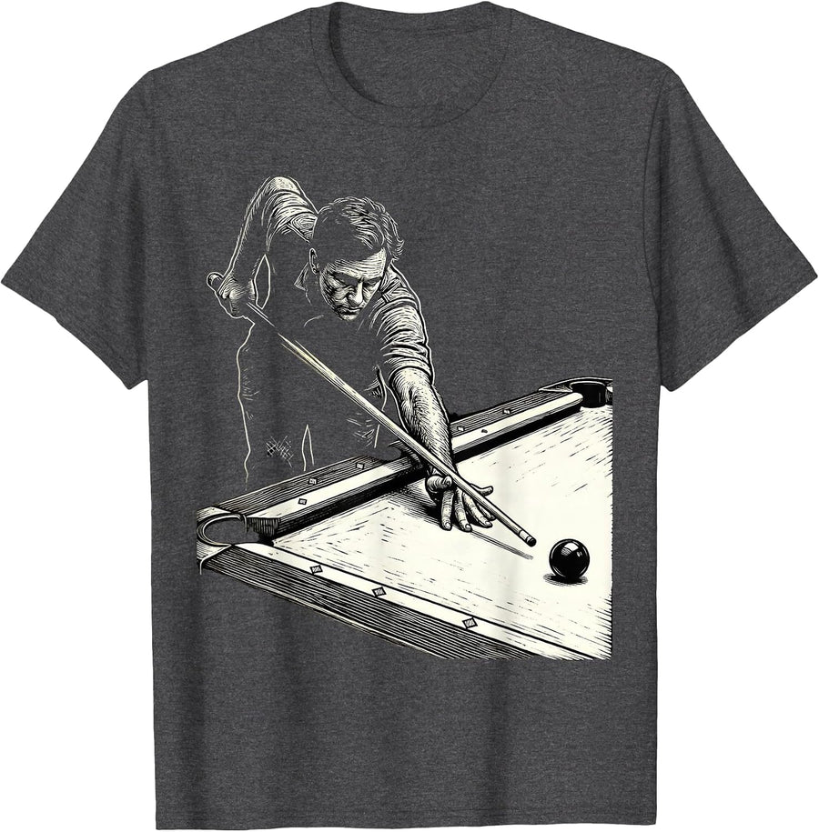 Men's Lanky Cue Player Woodcut Engraving Billiards Humor T-Shirt - Dark Heather Grey