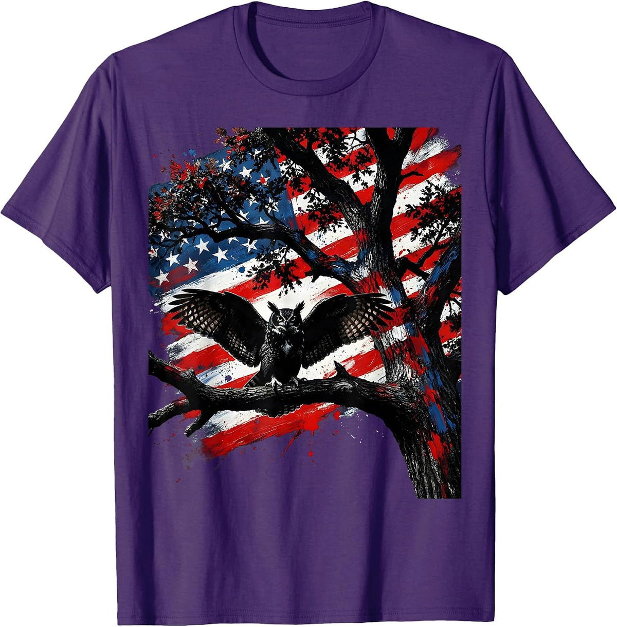 Camo Owl Perched in Oak Tree Illustration T-Shirt - Purple