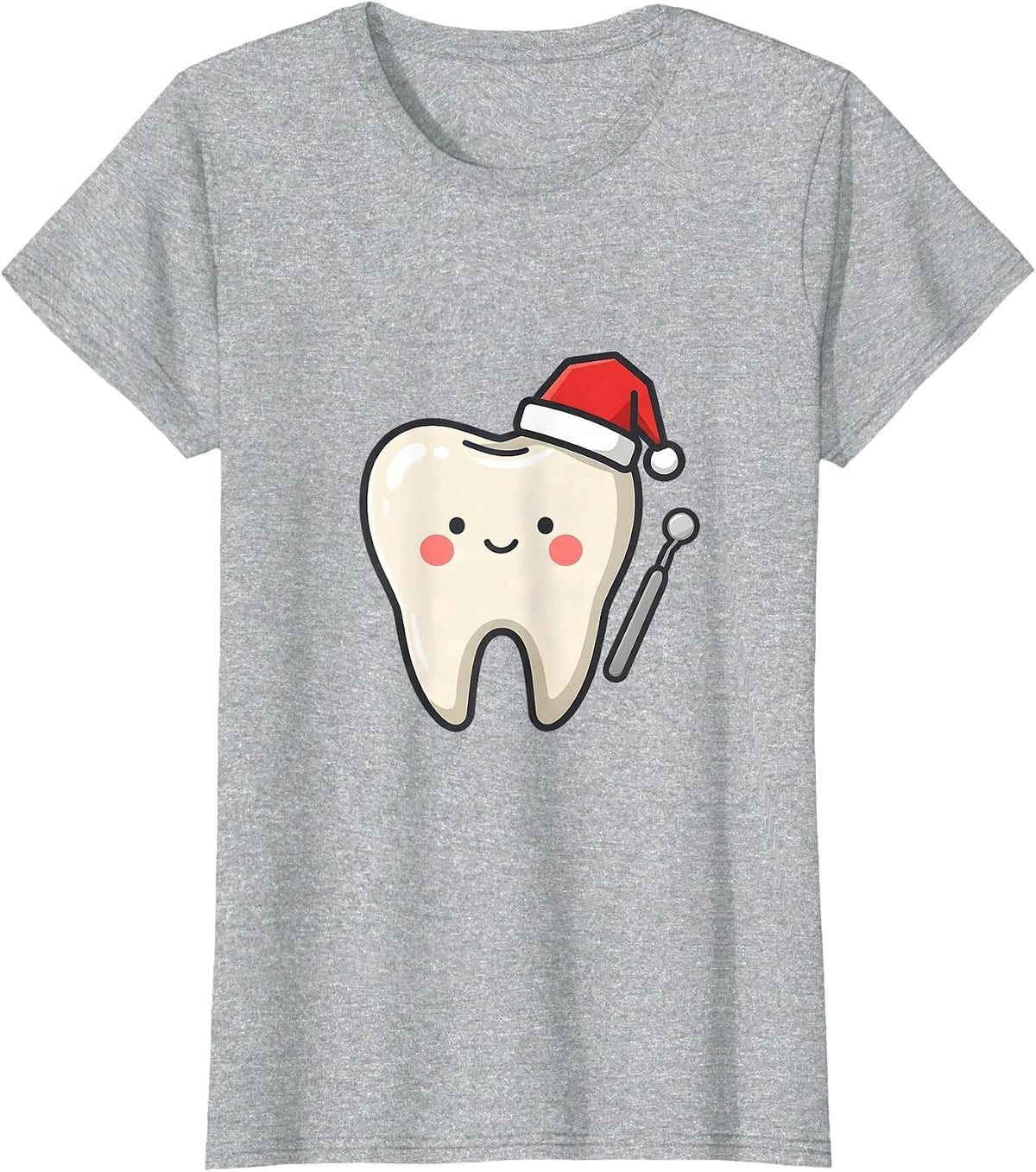 Women's Rounded Tooth Santa Hat Cute Dentist Christmas Dental Crew T-Shirt - Heather Grey