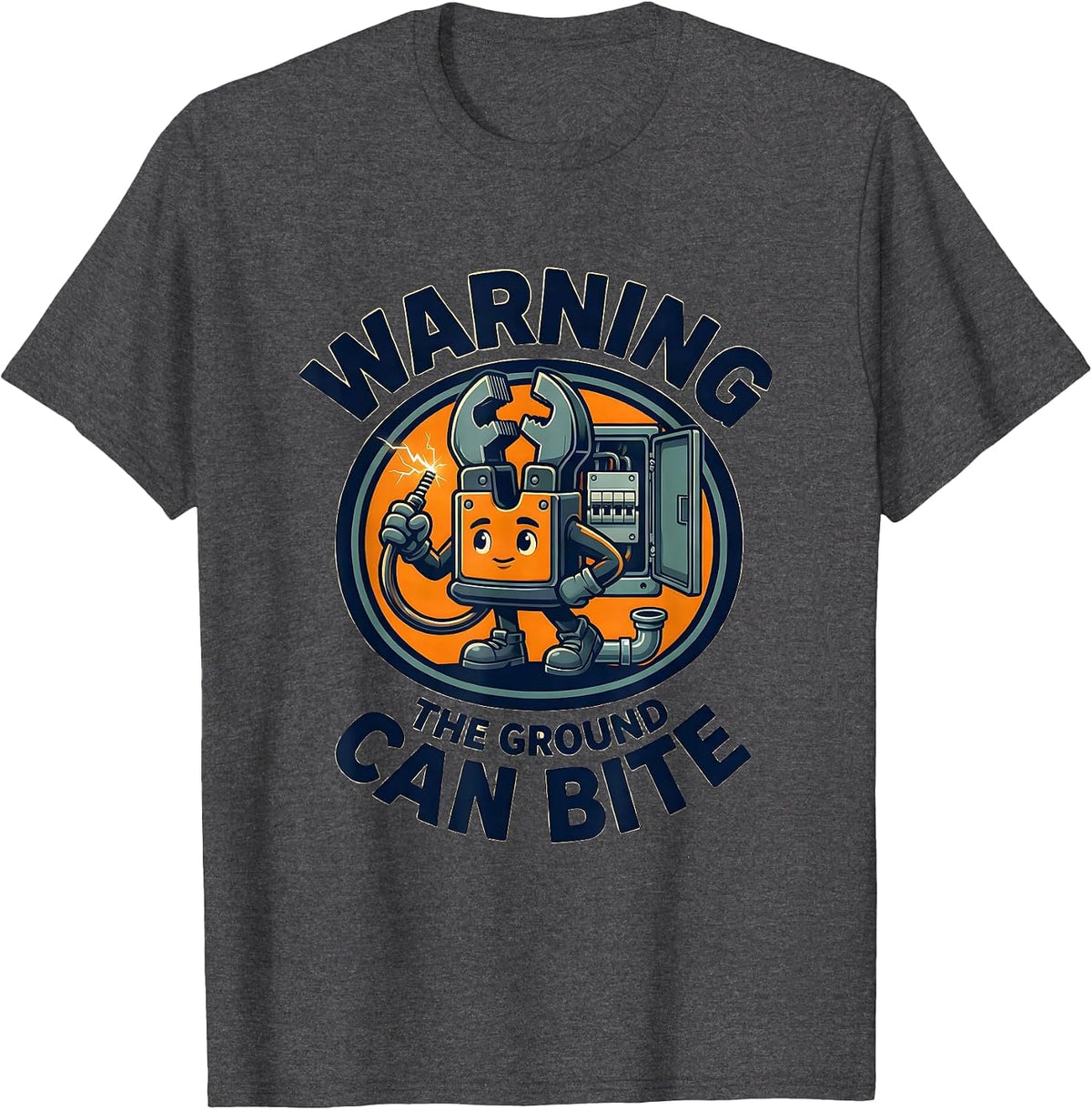Men's WARNING THE GROUND CAN BITE Funny Electrician Engineer T-Shirt - Dark Heather Grey