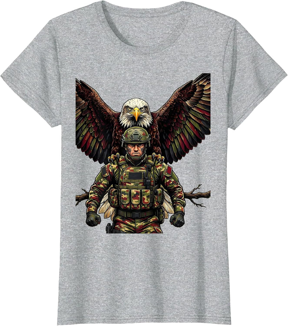 Camo Soldier and Eagle Patriotic Graphic Tee T-Shirt - Heather Grey