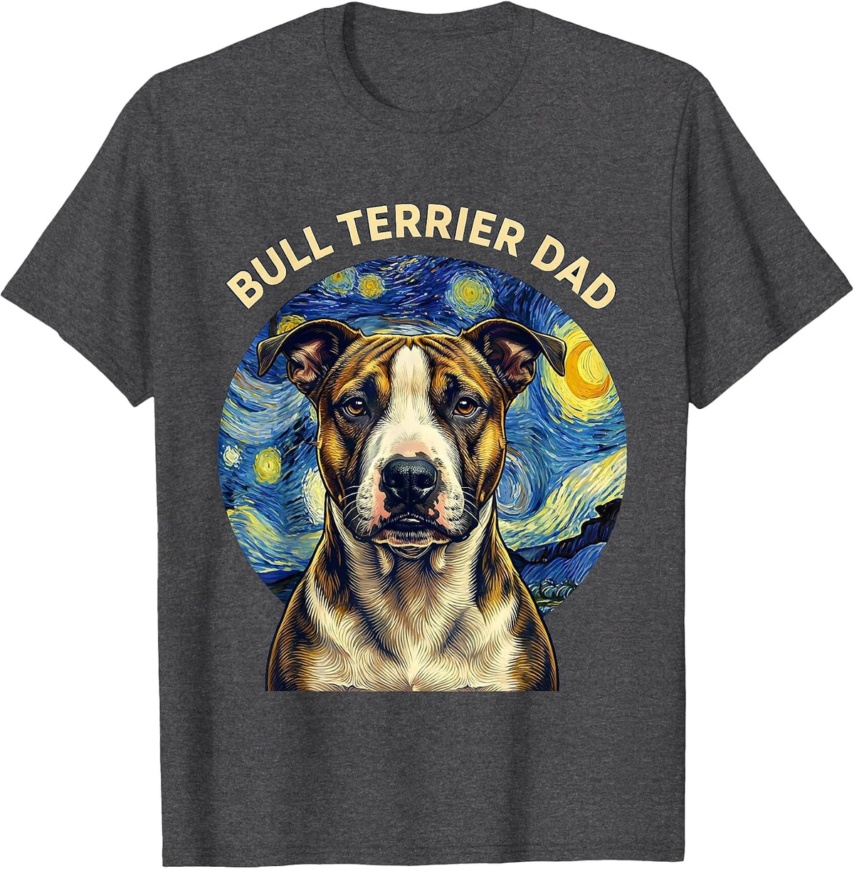 Men's Bull Terrier Dad Whimsical Art Homage Dog Breed Portrait T-Shirt - Dark Heather Grey