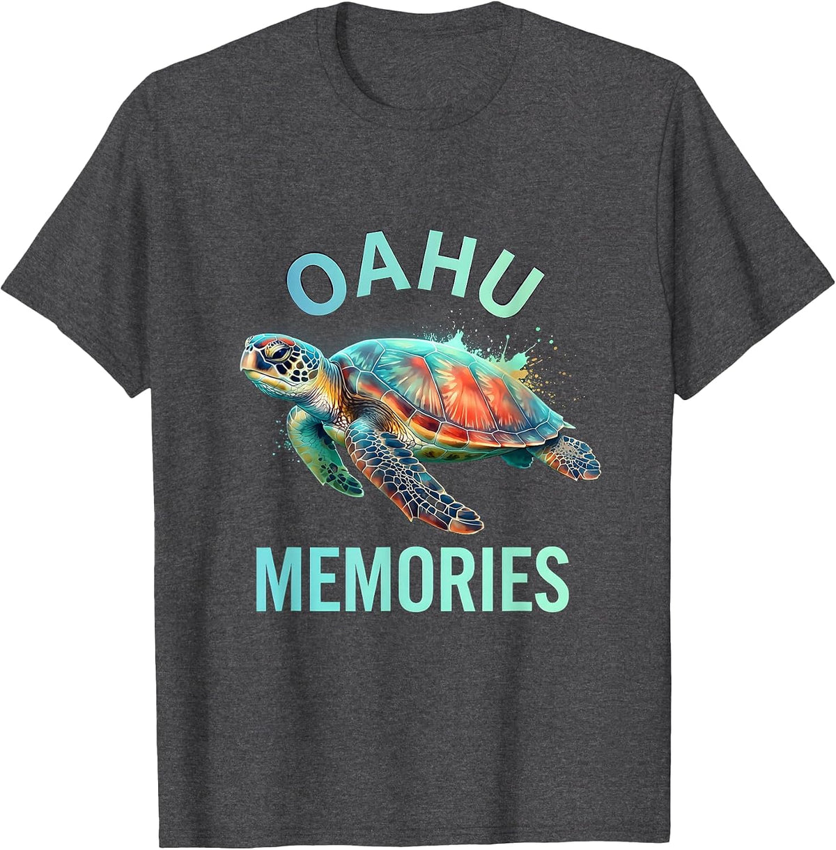 Oahu Memories Watercolor Sea Turtle Design T-Shirt - Dark Heather Grey