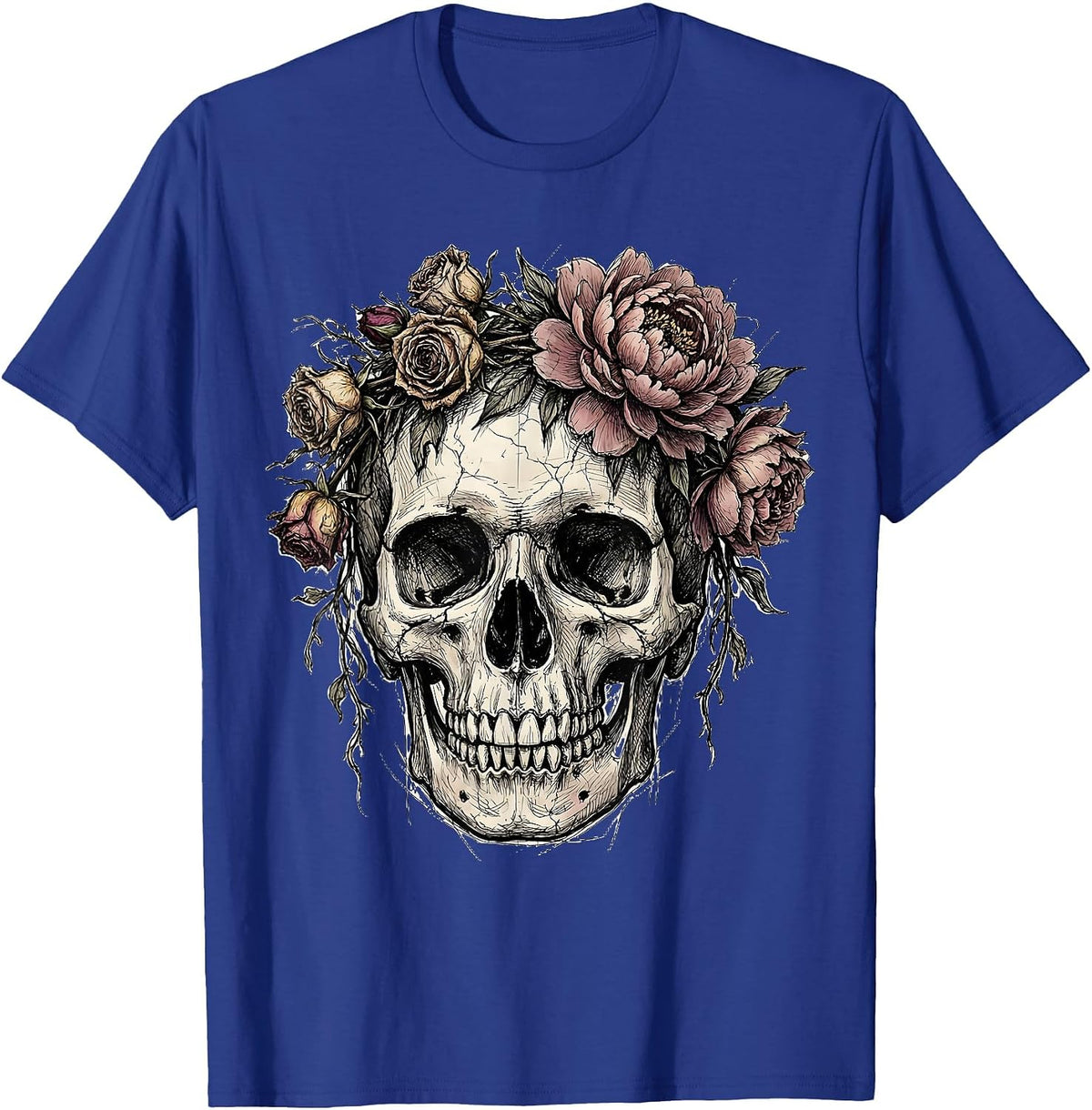 Skull Crowned With Wilting Flowers Emo Design T-Shirt - Royal Blue