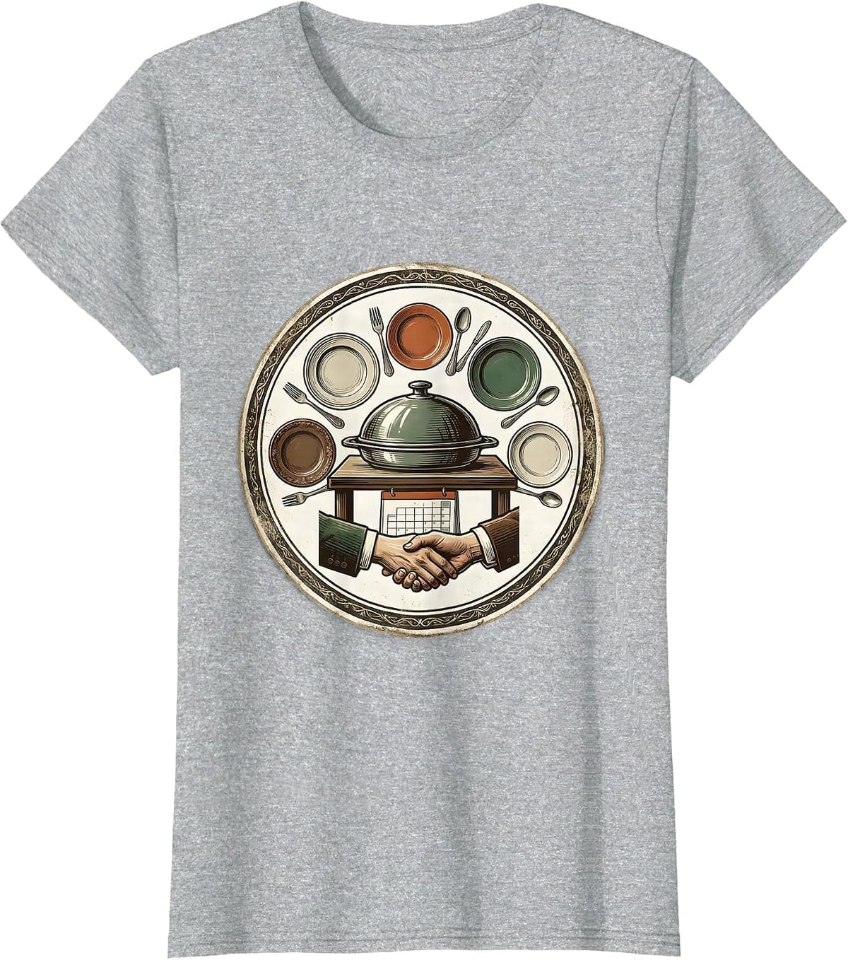 Sealed Communal Dish Vintage Friendsgiving Group Badge T-Shirt - Heather Grey