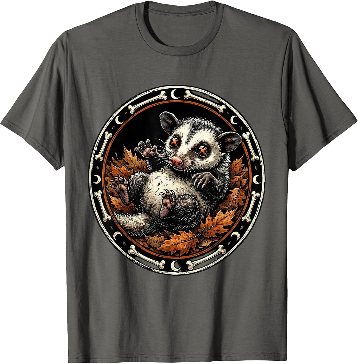 Opossum Playing Dead in Autumn Fallen Leaves T-Shirt - Asphalt Grey
