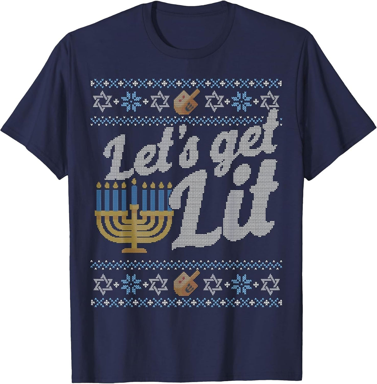 Funny Ugly Hanukkah Sweater Shirt Let's Get Lit Drinking tee T-Shirt - Navy Blue