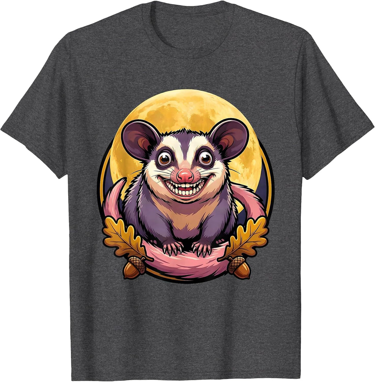 Opossum Foraging Under Full Moon Night Art T-Shirt - Dark Heather Grey
