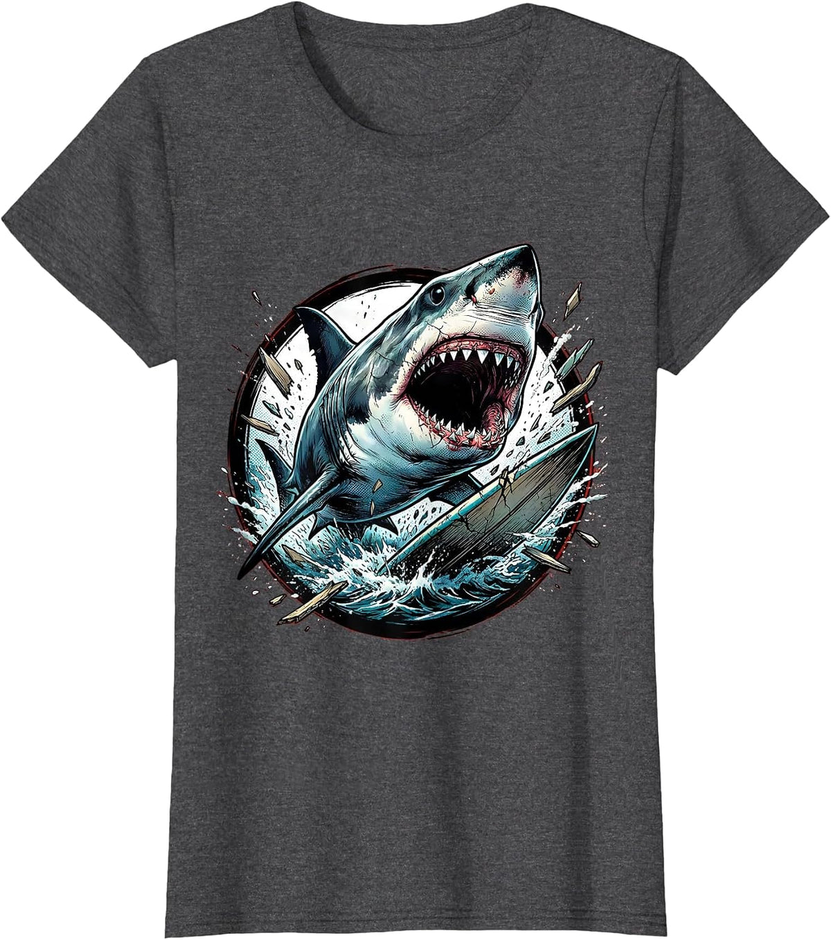 Women's Great White Shark Surfboard Attack Graphic T-Shirt - Dark Heather Grey