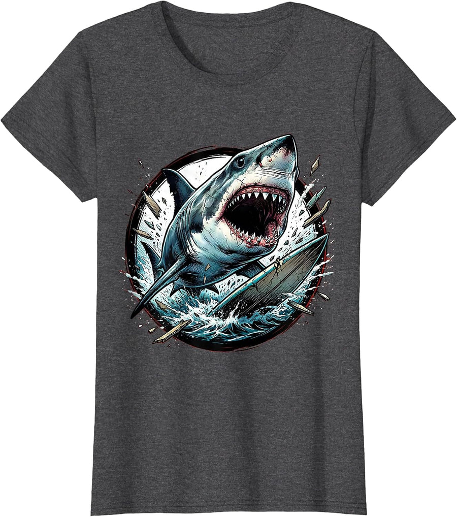 Women's Great White Shark Surfboard Attack Graphic T-Shirt - Dark Heather Grey
