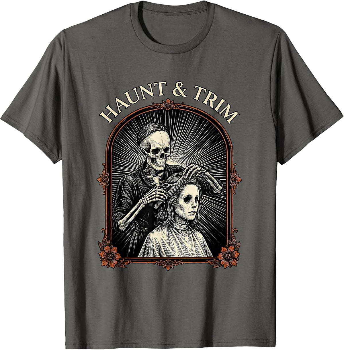 Haunt & Trim Skeleton Hairstylist Tarot Card Halloween Humor T-Shirt - Asphalt Grey
