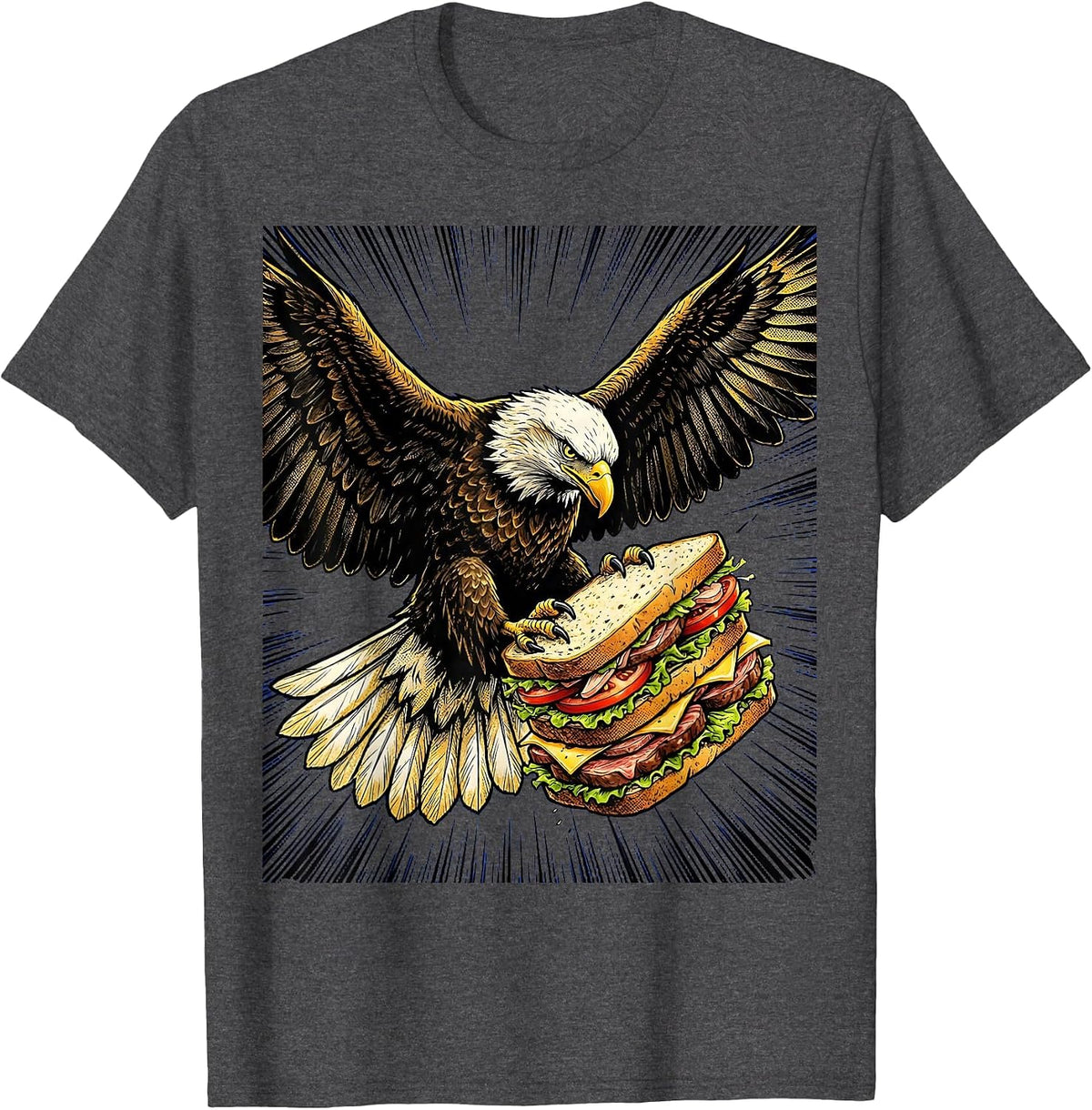 Men's Eagle Carrying Giant Sandwich Funny Bird Art T-Shirt - Dark Heather Grey