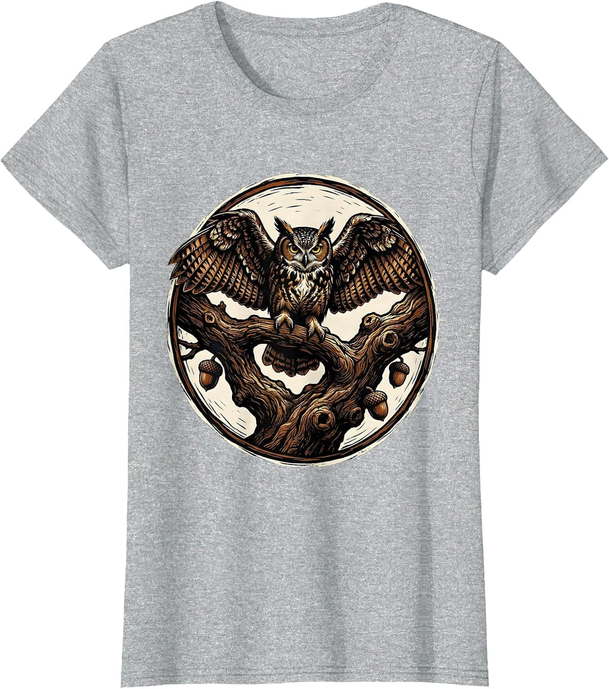 Women's Owl on Gnarled Oak Branch Fall Nature Design T-Shirt - Heather Grey