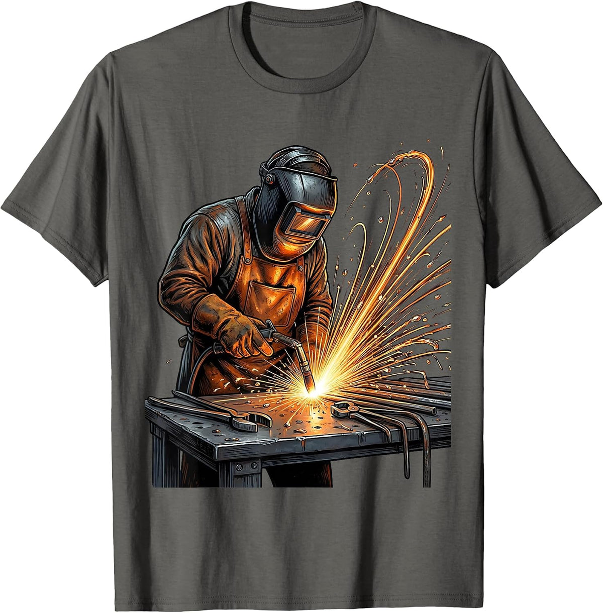 Labor Day Welder Sparks Flying Dark Workshop T-Shirt - Asphalt Grey