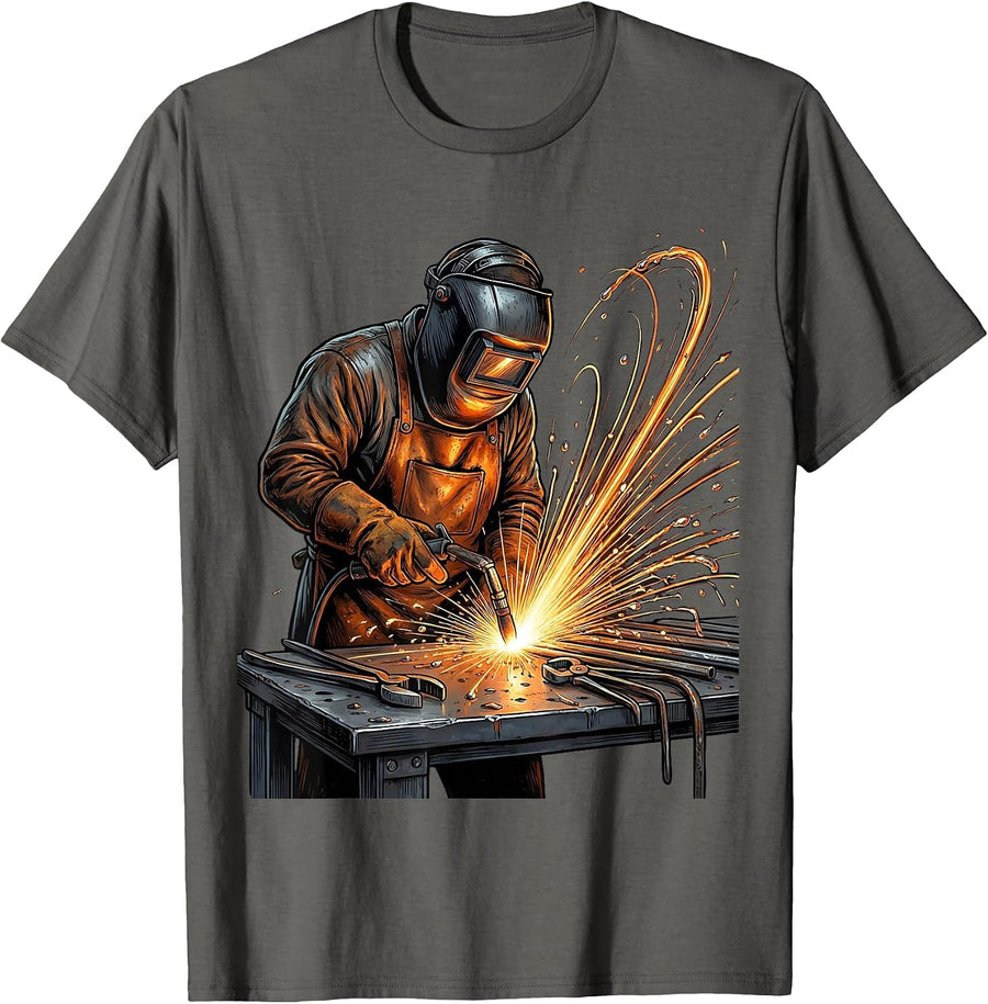 Labor Day Welder Sparks Flying Dark Workshop T-Shirt - Asphalt Grey