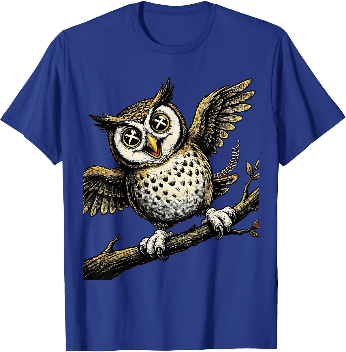 Men's Derpy Cross-Eyed Owl on a Tilted Branch T-Shirt - Royal Blue