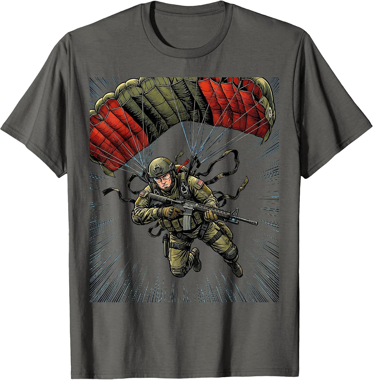 Paratrooper Mid-Air Freefall Military Illustration T-Shirt - Asphalt Grey