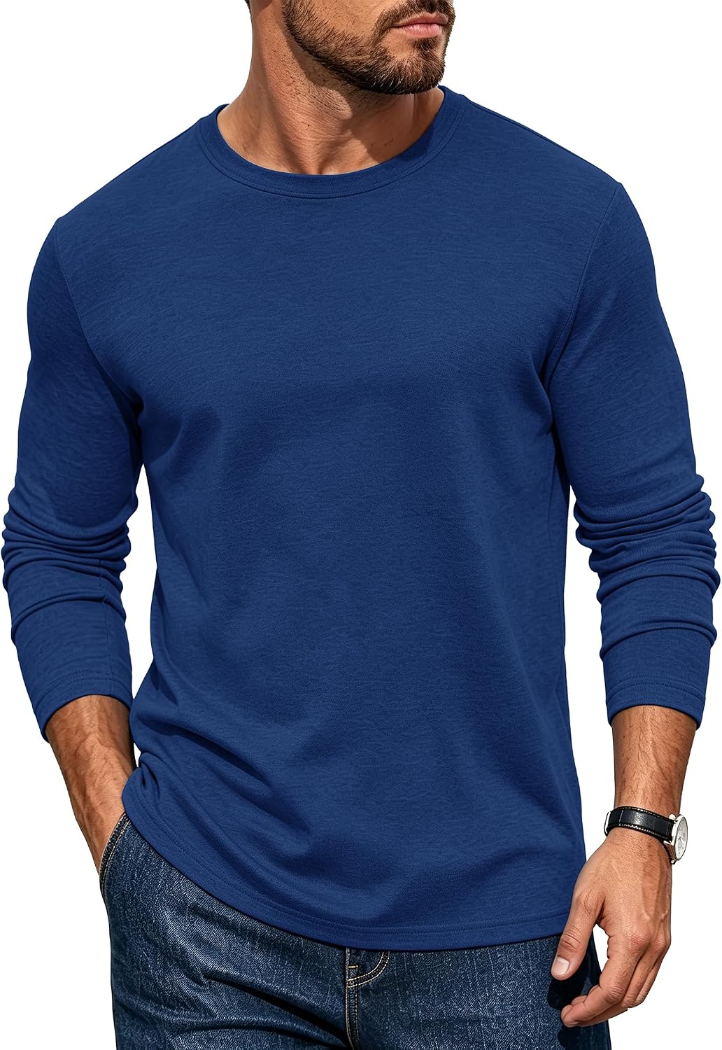 Mens Long Sleeve Tee Shirts Crew Neck Casual Regular Fit Plain - 08 Royal Blue