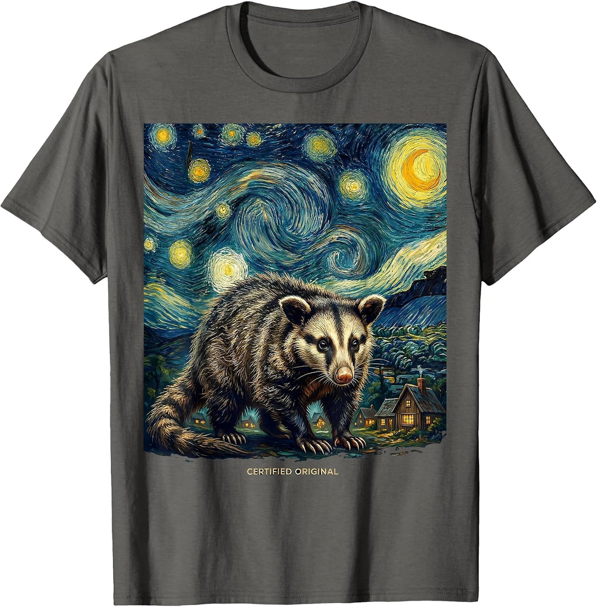 Men's Certified Original Opossum Van Gogh Starry Night Animal Art T-Shirt - Asphalt Grey