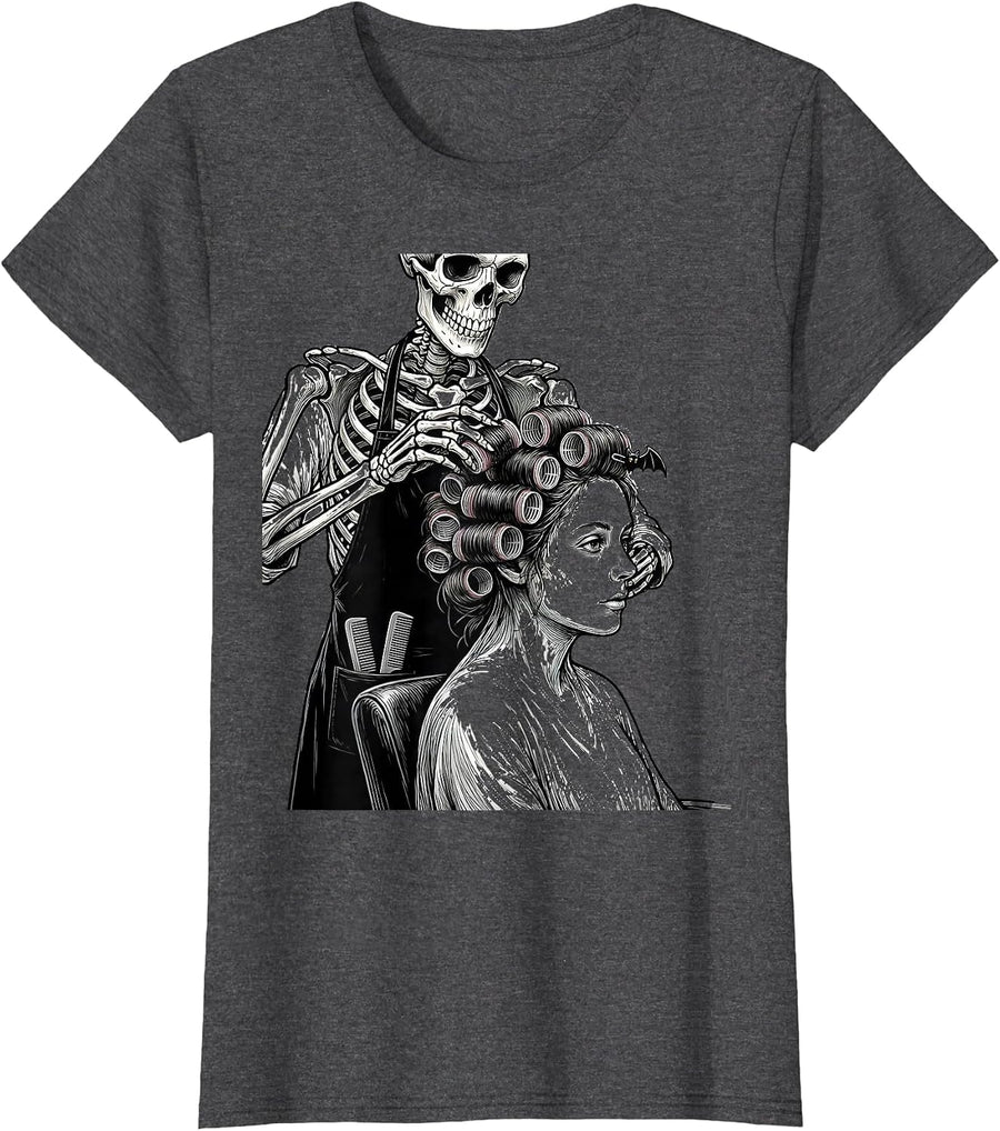 Women's Skeleton Hairstylist Halloween Hair Stylist Humor T-Shirt - Dark Heather Grey