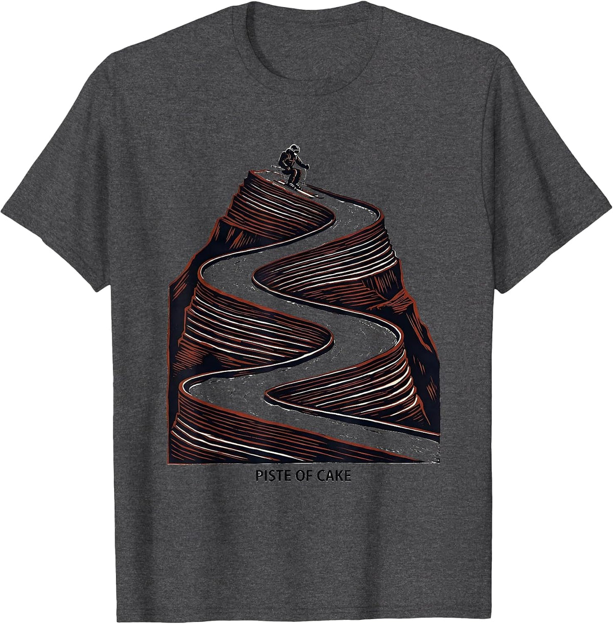 Men's Piste Of Cake Linocut Skiing Enthusiast Gift T-Shirt - Dark Heather Grey