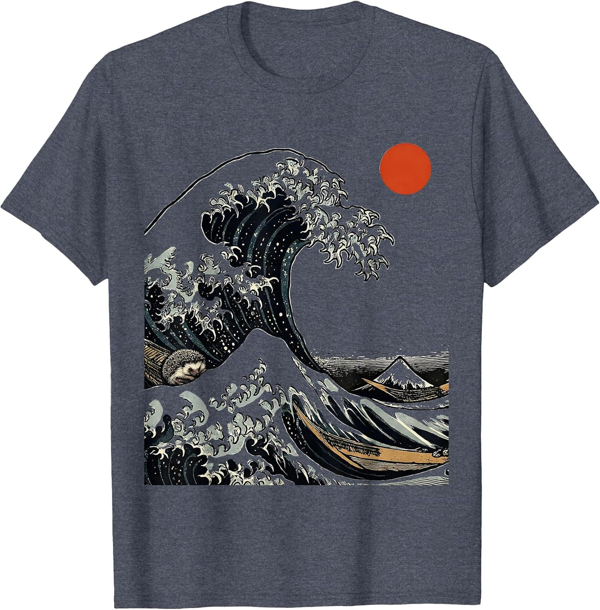 Curling Wave Hedgehog Woodcut Engraving Animal Art T-Shirt - Heather Blue