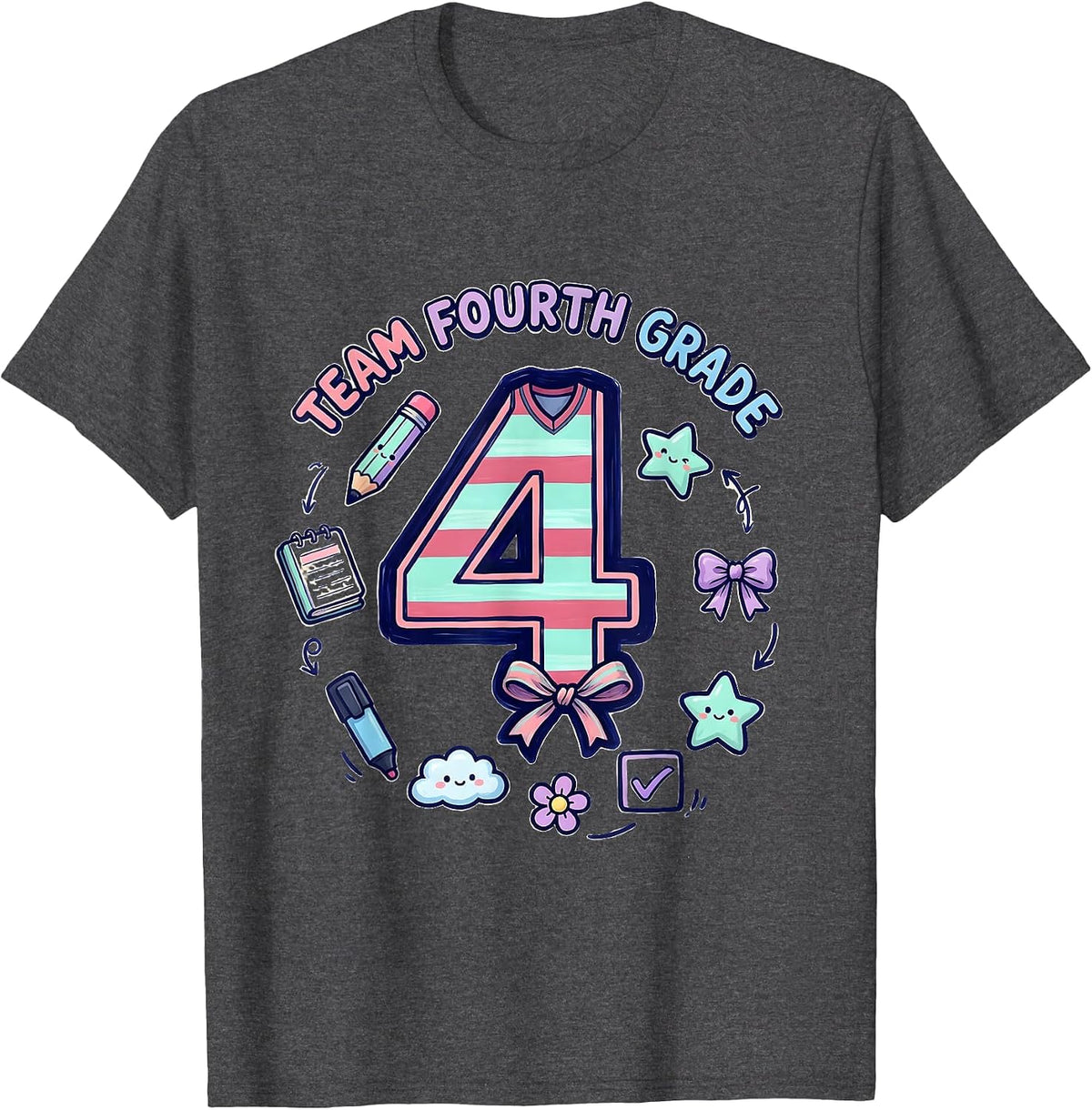 Men's Team Fourth Grade Kawaii Doodle Coquette Bow Back To School T-Shirt - Dark Heather Grey